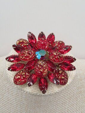 Vintage Floral Red Rhinestone AB Molded Glass Brooch